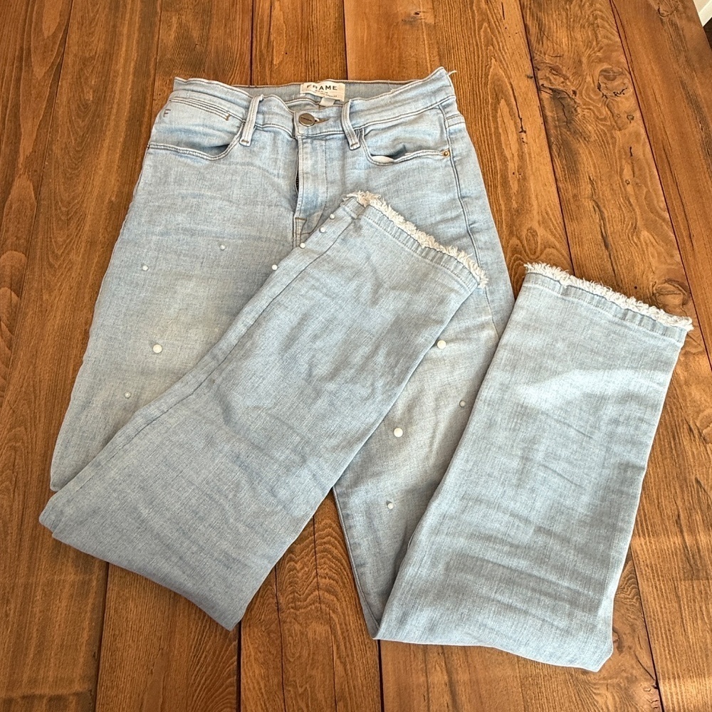 FRAME Le High Straight Double Frayed Hem Pearl Jean 45024 - Picture 6 of 14